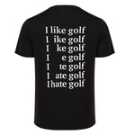 Black t-shirt with white text on the back on a white background