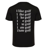 Black t-shirt with white text on the back on a white background