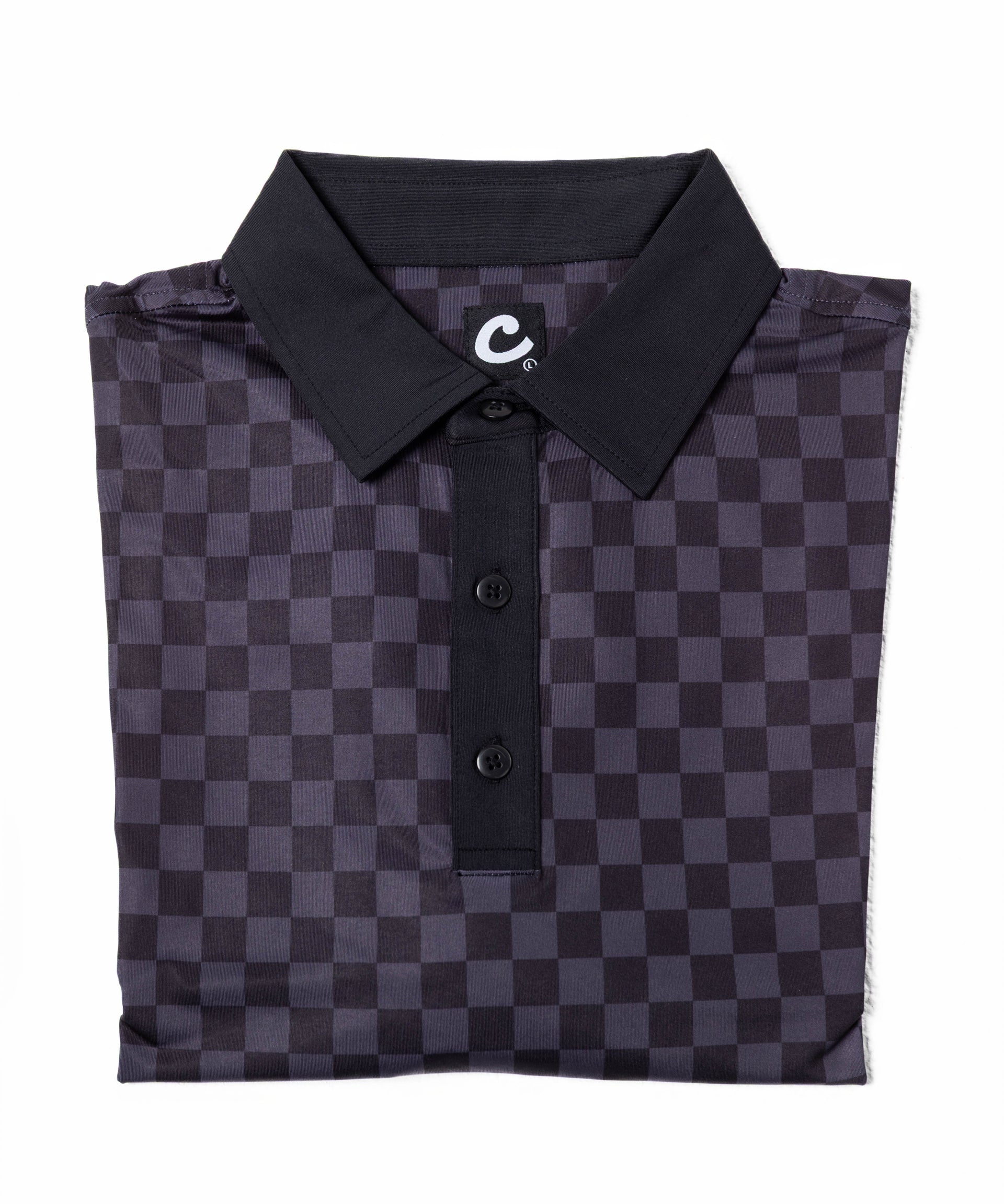 Folded black and gray checkered polo shirt with a brand logo on a white background